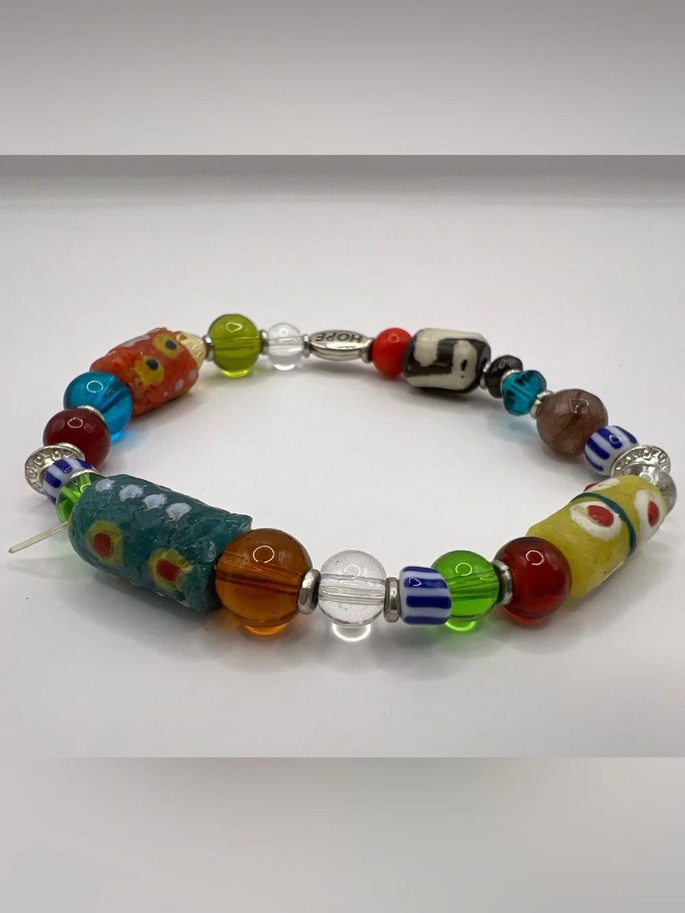 Vintage African Glass Trade Bead Stretch Bracelet - Multicolor Boho Hope
